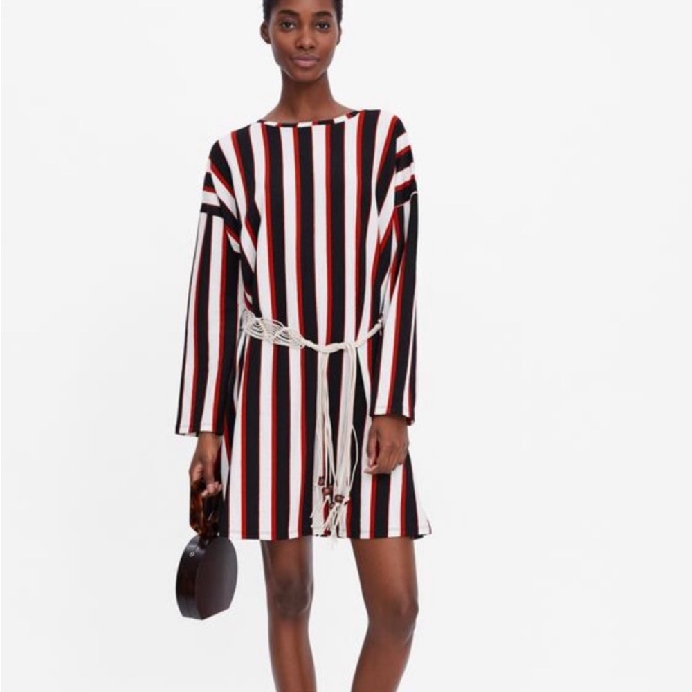 Zara Striped Dress with Woven Belt Size Small